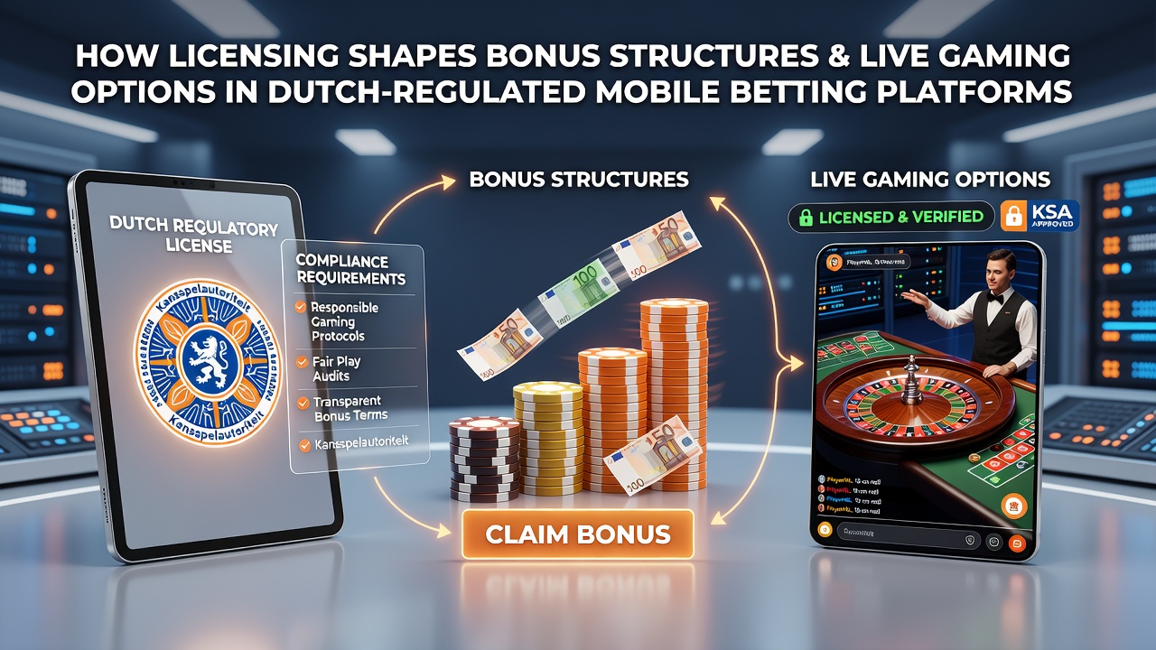Mobiele app interface met bonusweergave en live dealer tafel op een KSA-gereguleerd platform