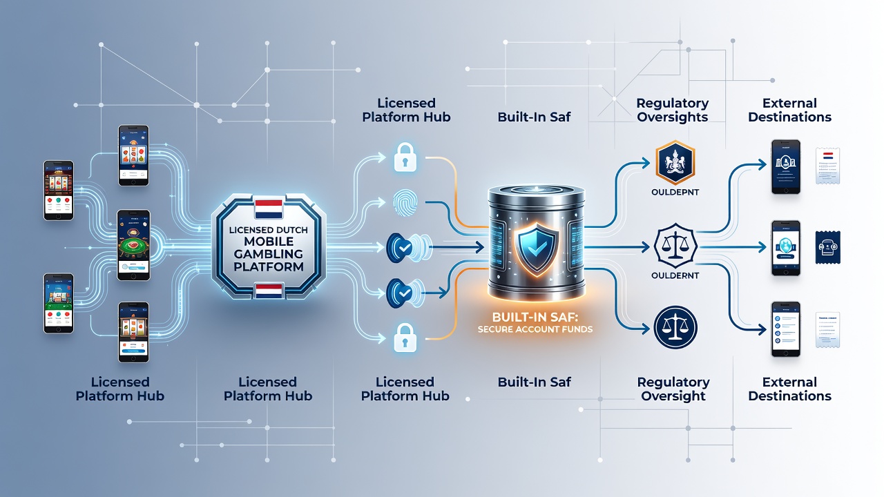 Diagram van fondsenbeweging met veiligheidscontroles op Nederlandse mobiele gokapps