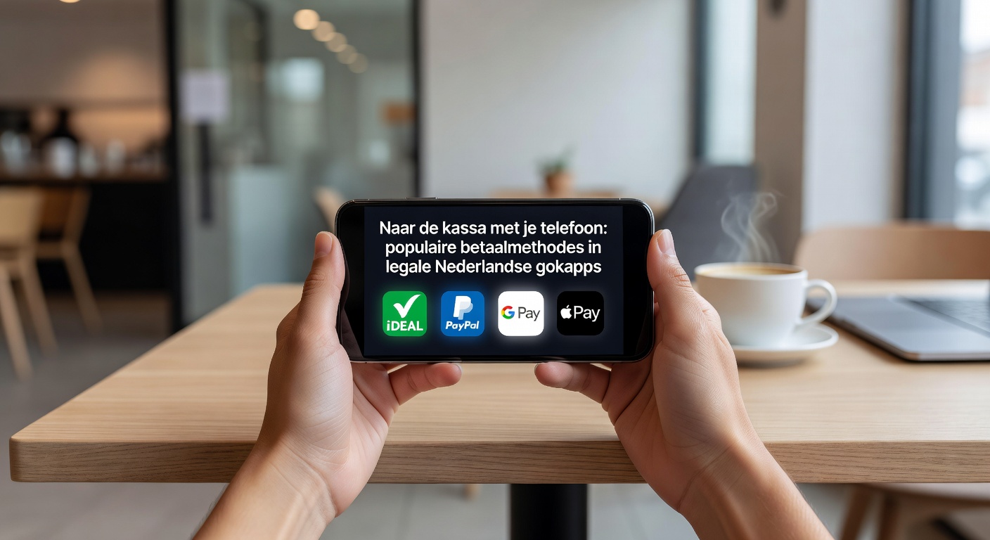 Smartphone met betaalopties in een legale Nederlandse gokapp, inclusief iDEAL en Apple Pay iconen
