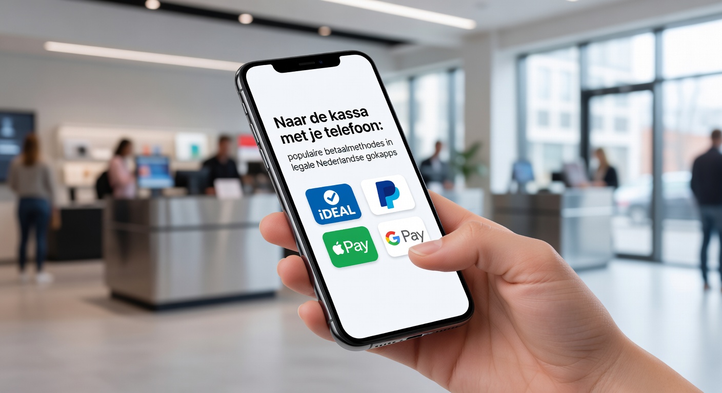 Overzicht van betaalmethodes in een mobiele gokapp, met focus op Apple Pay, iDEAL en creditcard iconen op een telefoon scherm