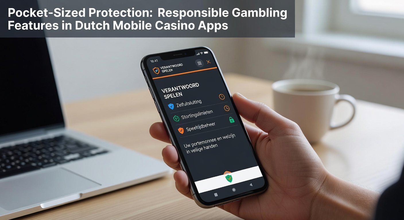 Mobiele telefoon met open casino-app die responsible gambling-knoppen toont, zoals stortingslimieten en pauzes, tegen een achtergrond van Nederlandse vlag en KSA-logo