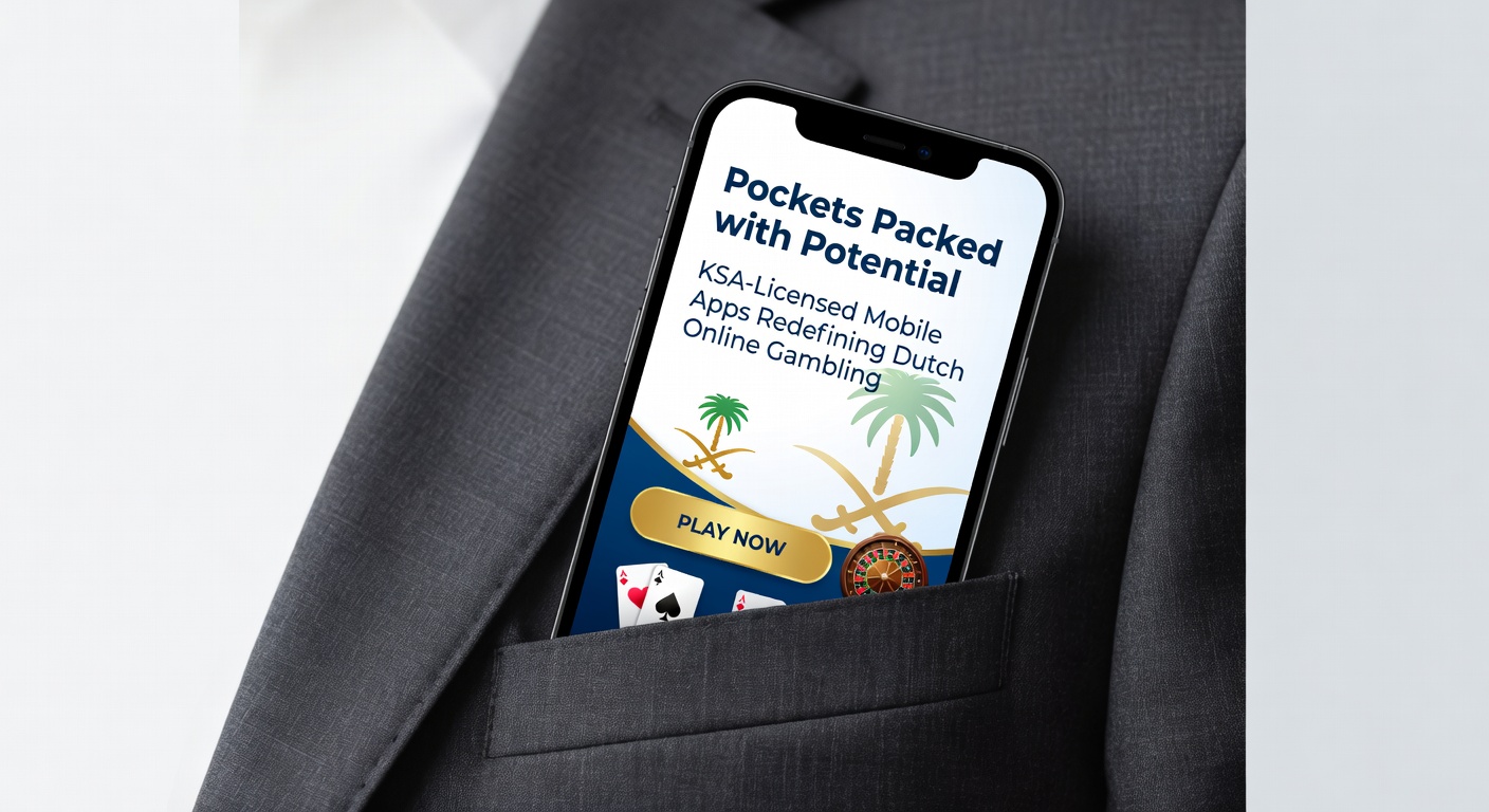 Smartphone met interface van een KSA-gelicenseerd online casino-app, toon slots en live dealer spellen op een Nederlands vlaggenachtergrond