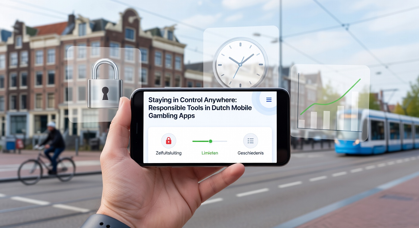 Smartphone met mobiele gokapp die responsible gambling tools toont, zoals limieten en checks op een Nederlands gereguleerd platform