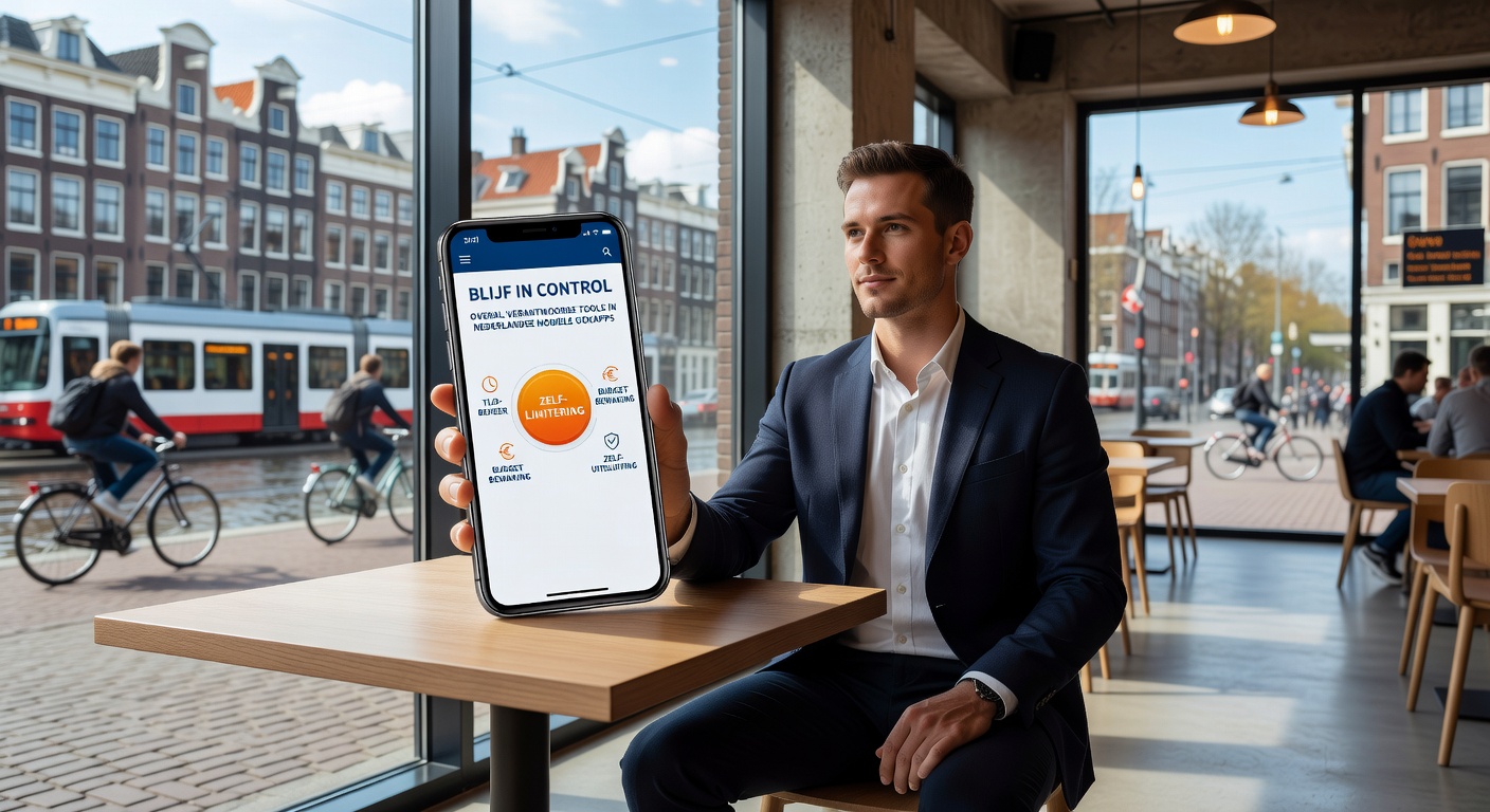 Gebruiker stelt limieten in op een mobiele gokapp, met CRUKS-integratie en realiteitscheck zichtbaar op het scherm van een smartphone